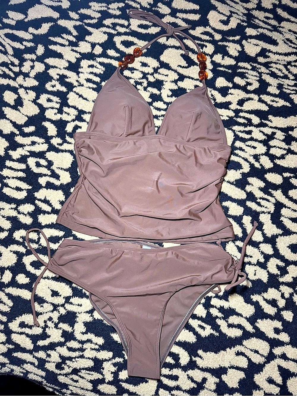 Brown Beaded Halter Bikini Set